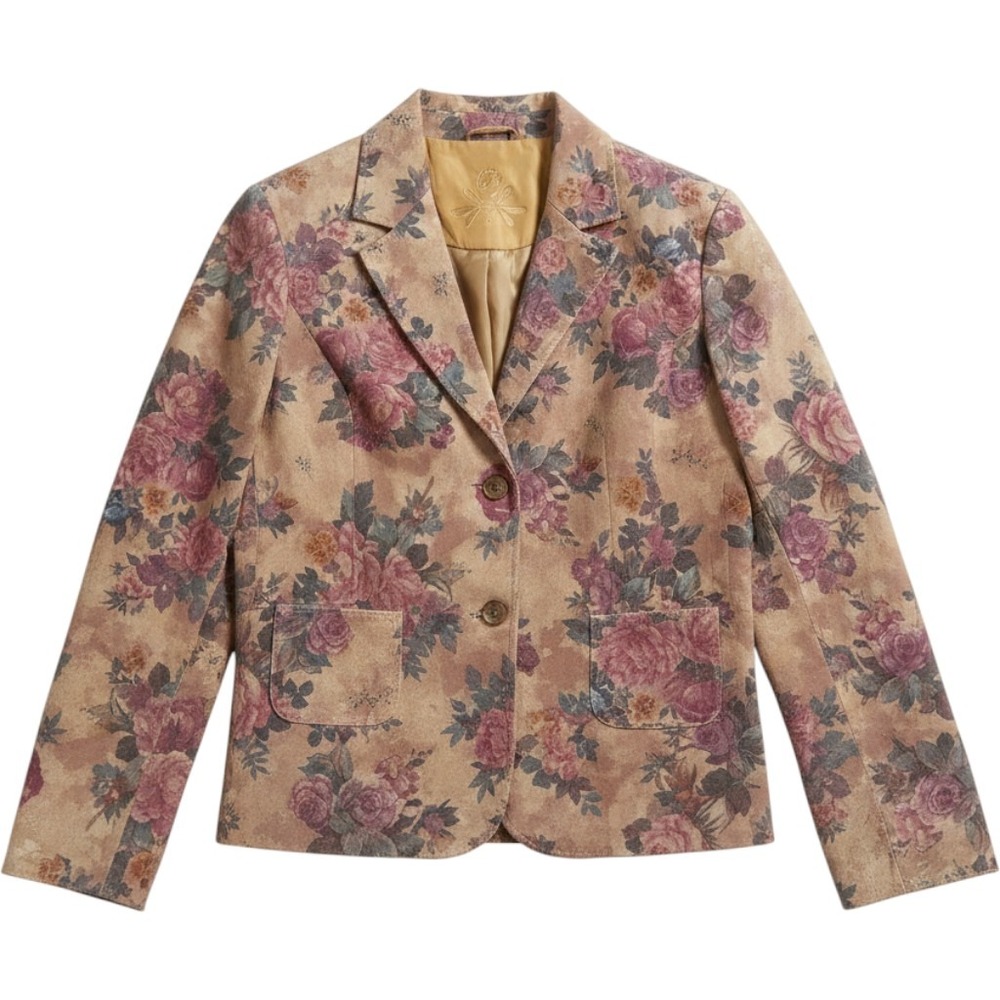Provence d'amore  Floral Suede Blazer L Tan Pink Rose Print Jacket Romantic